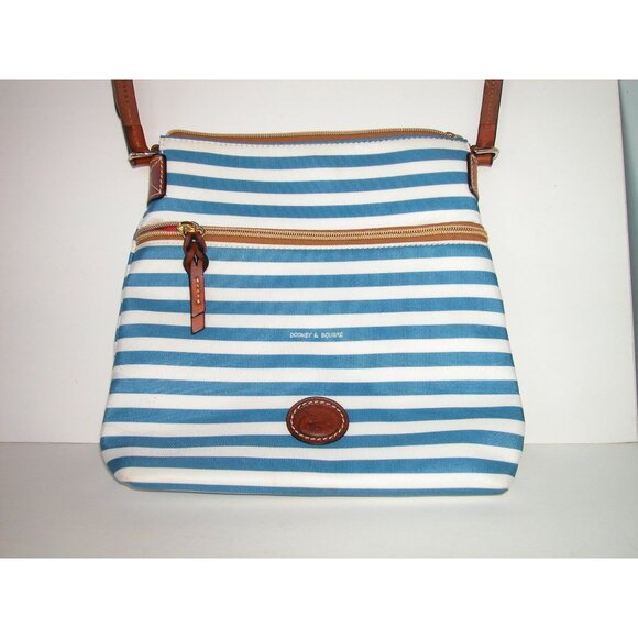 Dooney & Bourke Blue & White Striped Crossbody Bag Leather Trim Adjustable Strap - Picture 1 of 5